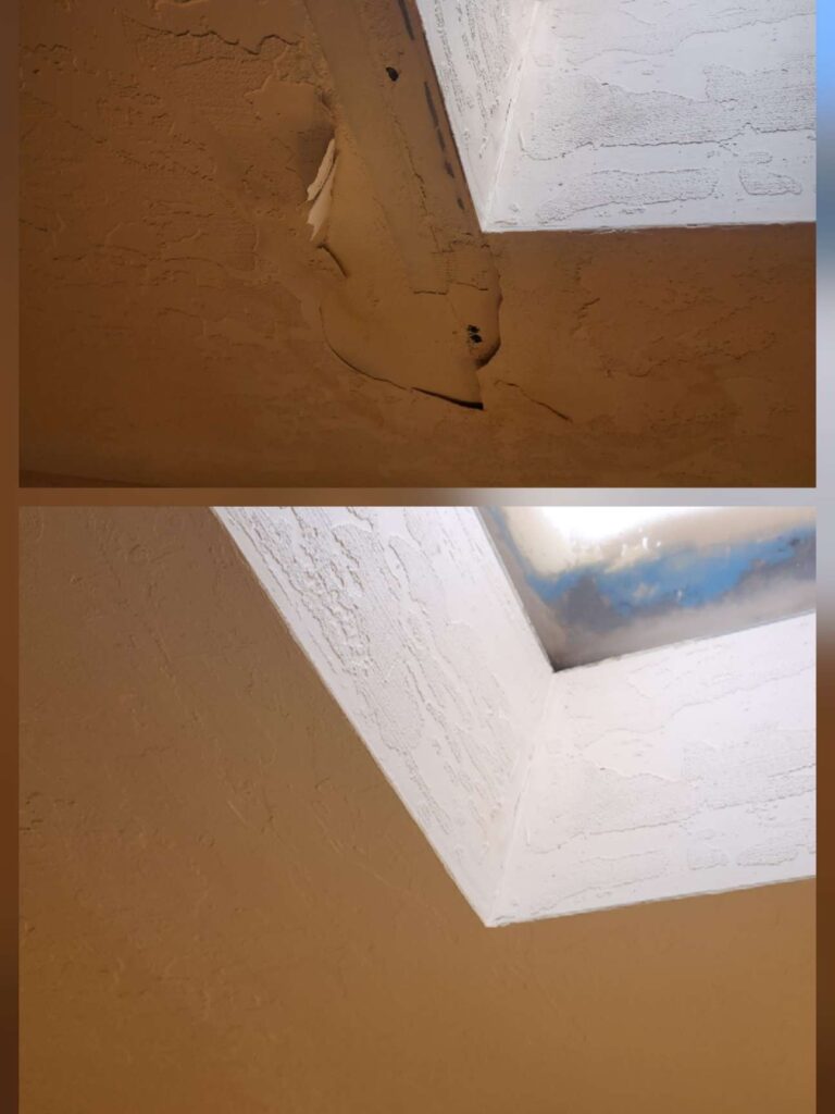 Ceiling drywall repair before and after