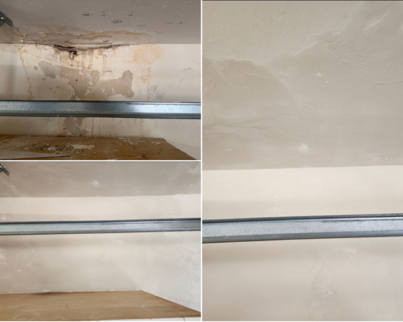 Garage water damaged before and after drywall repair in Tucson