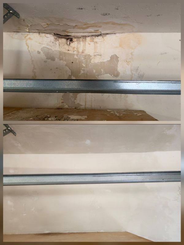 Garage water damage ceiling drywall restoration before and after